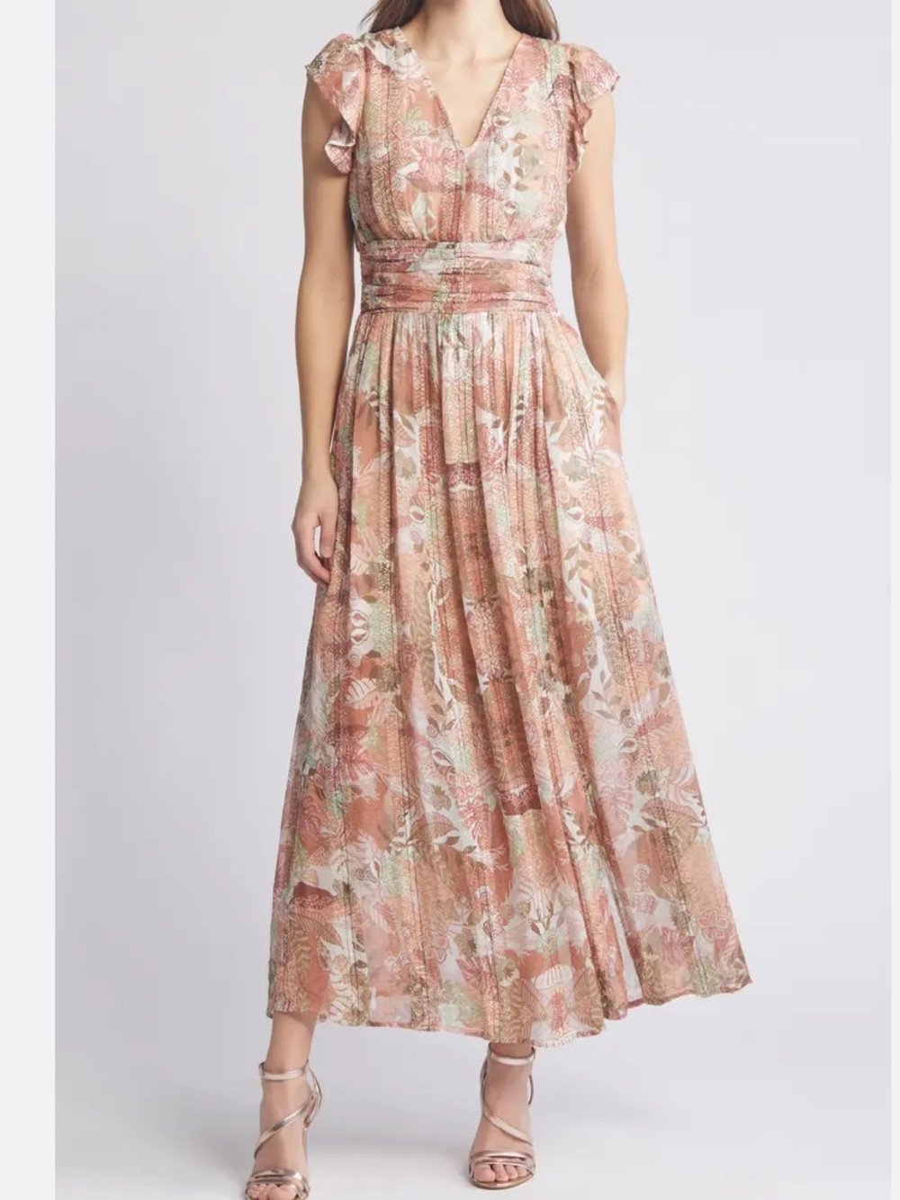 CIEBON Jennsen Ruched Flutter Sleeve Maxi Dress - Size Medium